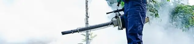 Pest control technician fogging an outdoor area for insect control in Boulder, CO