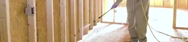 Termite treatment technician applying spray along framing and unfinished walls in Boulder, CO